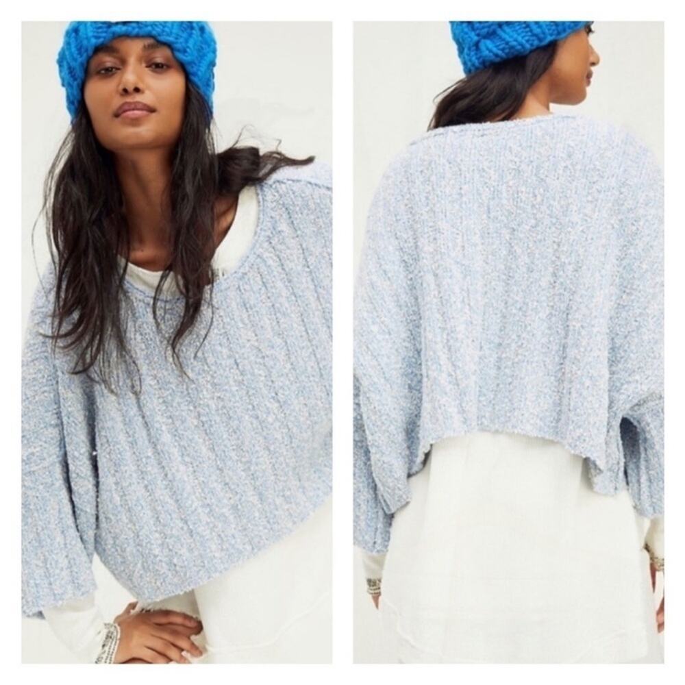 Free People The Good Day Oversized Cropped Knit Blue Sweater Size M